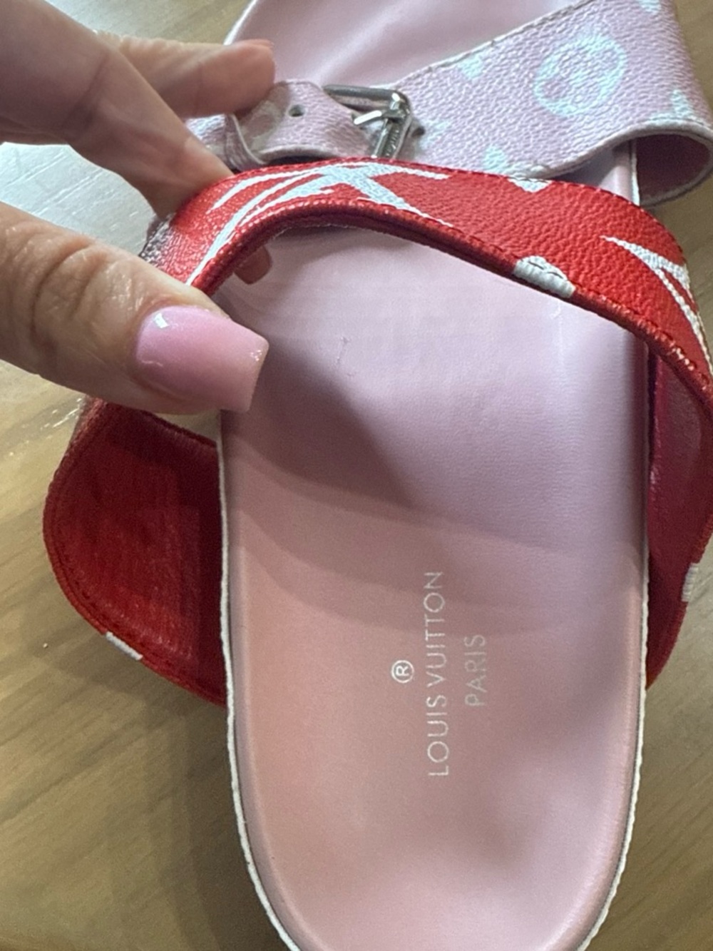 Louis Vuitton Pink & Red Monogram Kids Slide Sandals - Picture 3 of 6